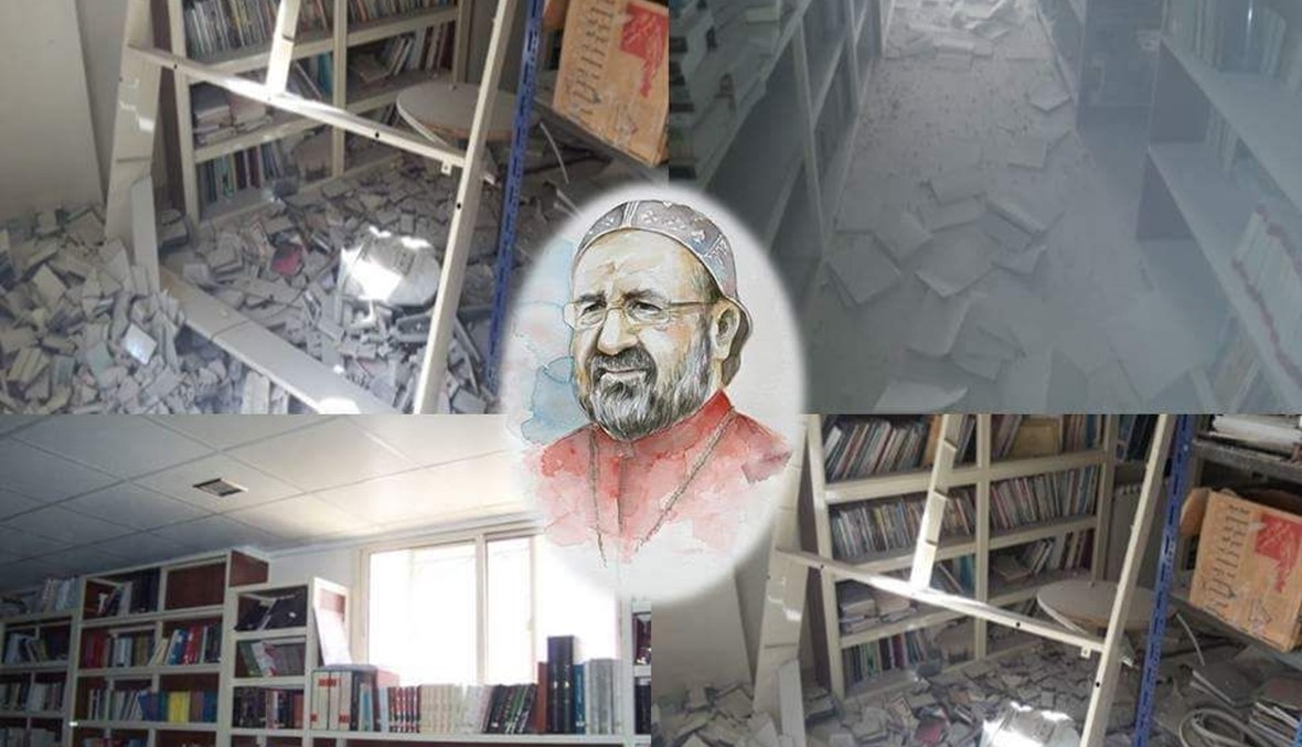 قصف مكتبة المطران المخطوف يوحنا ابراهيم في مطرانية حلب