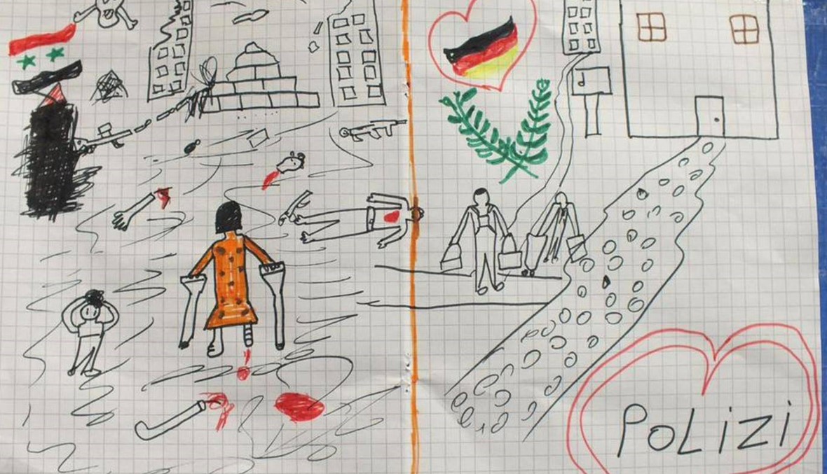 رسم لطفل سوري لاجىء يظهر واقع الحرب
