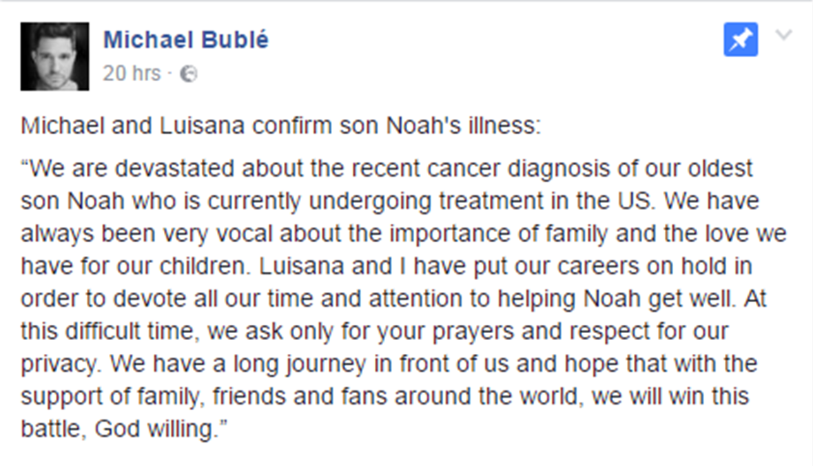 مايكل بوبليه يعلّق نشاطه الفنّي بعد اكتشاف إصابة ابنه بالسرطان