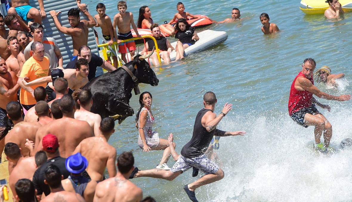 ثور يلاحق المشتركين داخل الماء خلال مشاركتهم بمهرجان مصارعة الثيران في اسبانيا