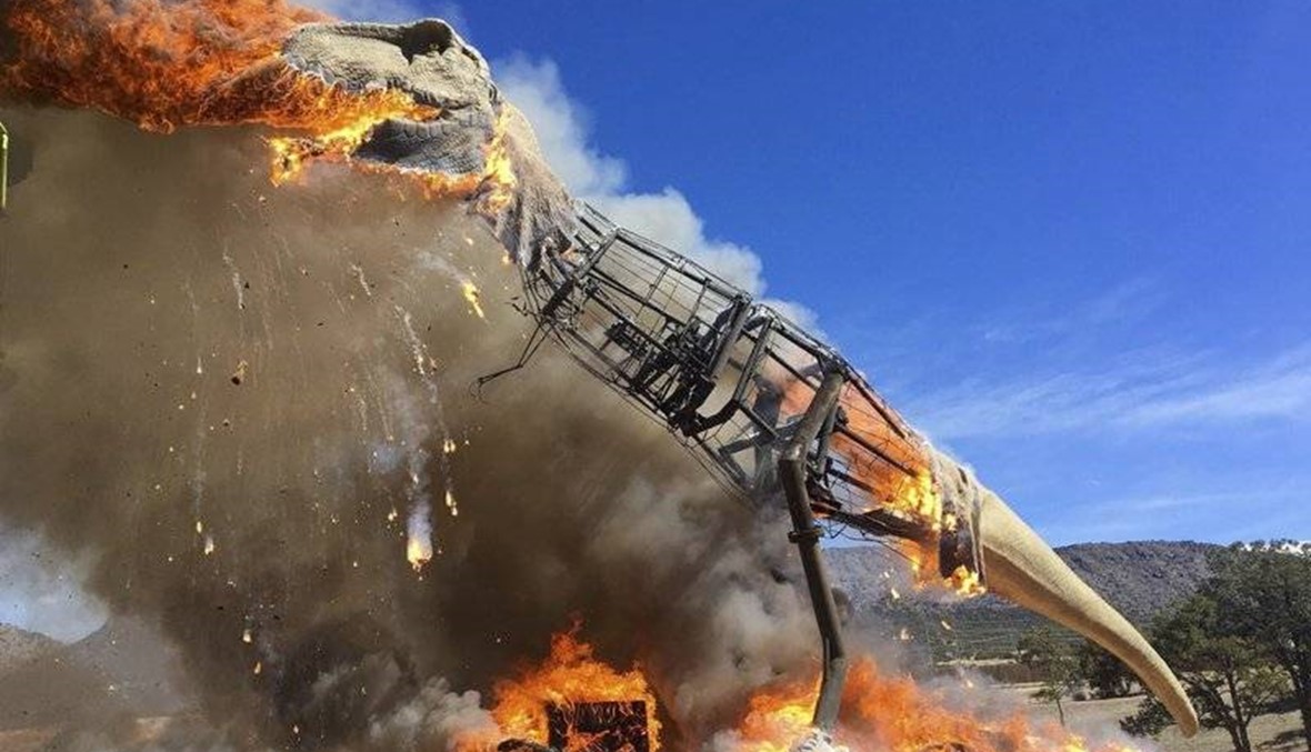 Gone extinct: Animatronic T-Rex bursts into flames