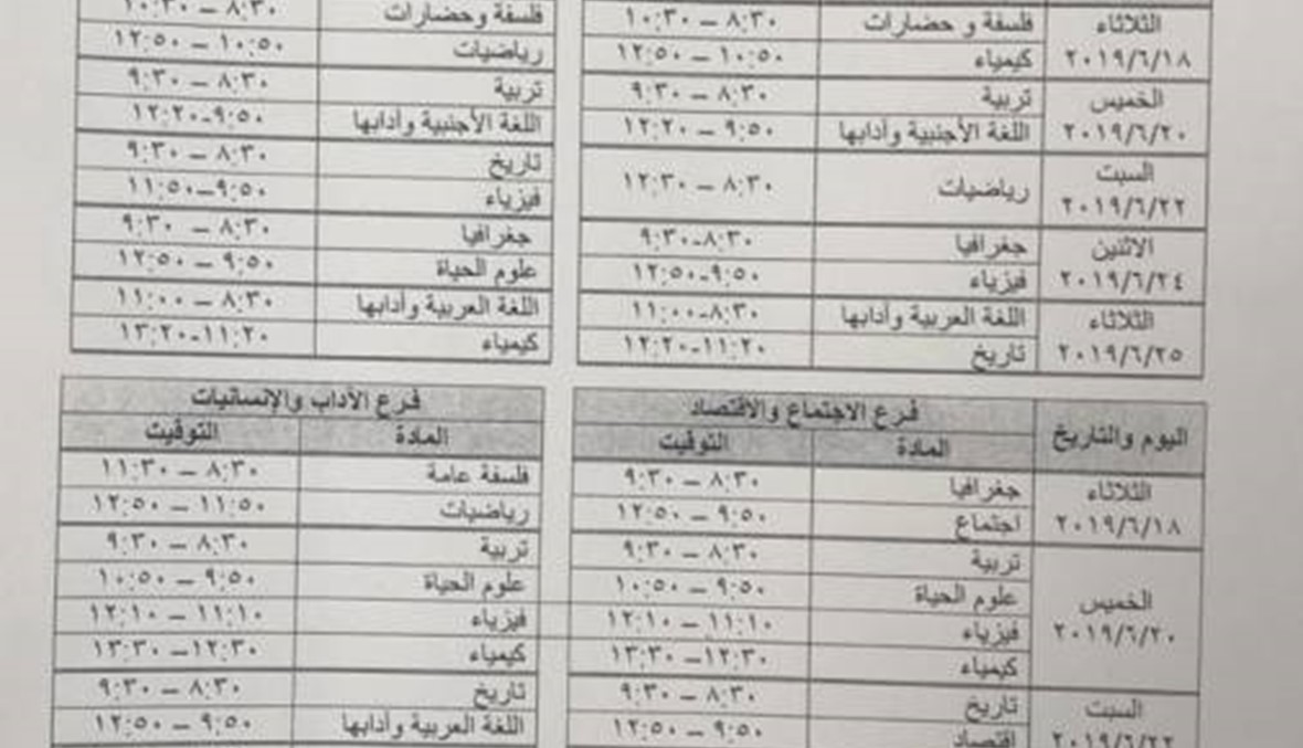 هذه مواعيد الإمتحانات الرسمية لعام 2019