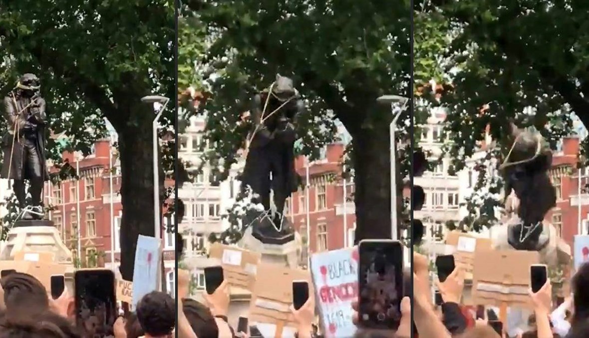 فيديو- متظاهرون يهدمون تمثال "تاجر الرقيق" ادوارد كولستون في بريستول
