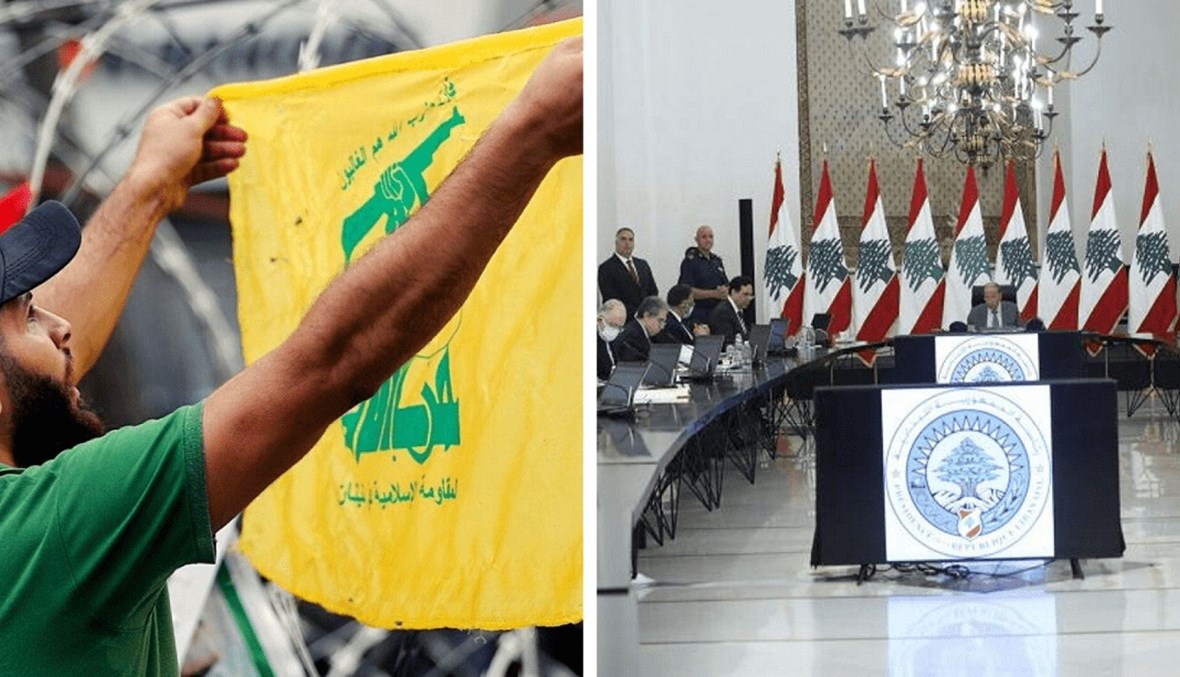 A man hold Hezbollah flag on the left, Lebanese cabinet meeting shown in right photo. (AP Photo)
