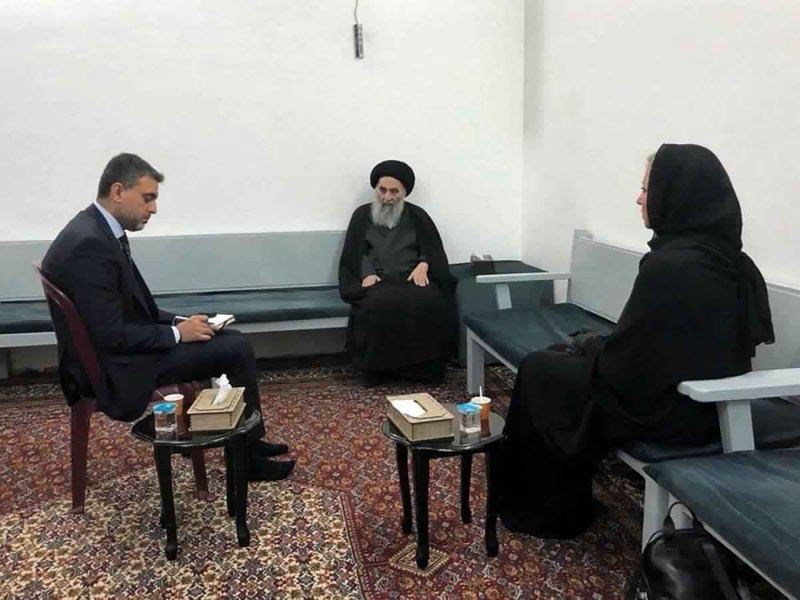 Iraq's top Shiite cleric Grand Ayatollah Ali al-Sistani, center, meeting with U.N. envoy to Iraq Jeanine Hennis-Plasschaert, right, in Najaf, Iraq, Sunday, on Sept. 13, 2020. (AP Photo)