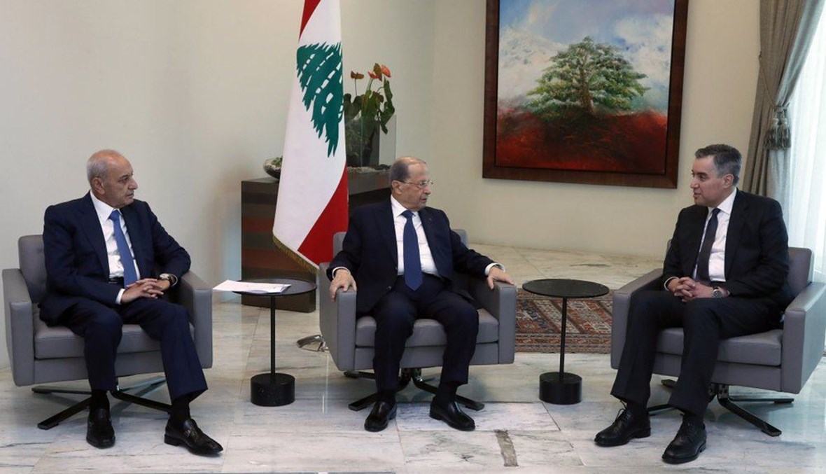 Lebanese President Michel Aoun, center, meets with Prime Minister-Designate Mustapha Adib, right, and Parliament Speaker Nabih Berri, left, at the Presidential Palace in Baabda, Lebanon, on Monday, Aug. 31, 2020. (AP Photo)