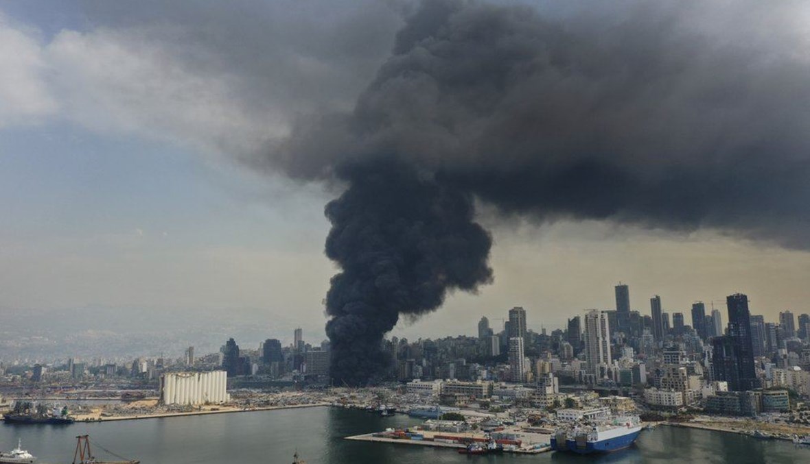 Black smoke rises from a fire at warehouses at the seaport in Beirut, Lebanon, Thursday, Sept. 10. 2020. (AP Photo)
