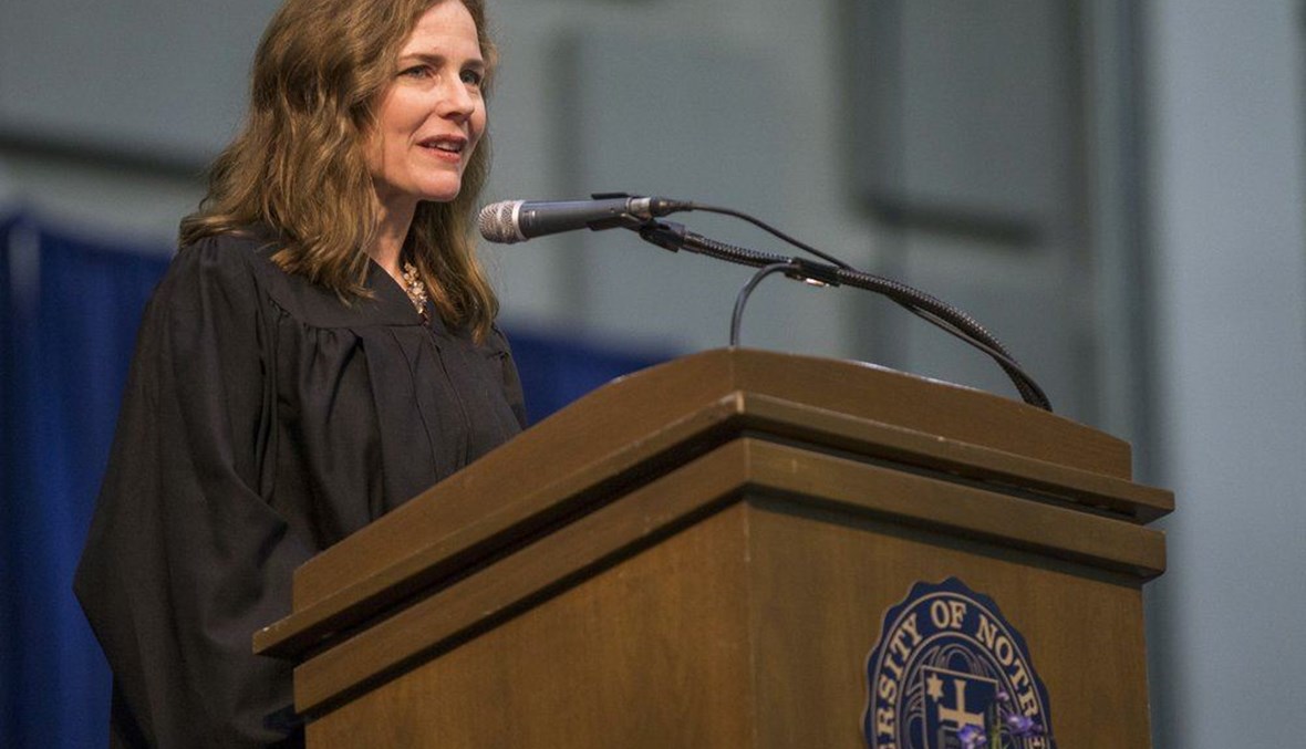In this May 19, 2018, file photo, Amy Coney Barrett, United States Court of Appeals for the Seventh Circuit judge, speaks during the University of Notre Dame's Law School commencement ceremony at the university, in South Bend, Ind. (AP Photo)