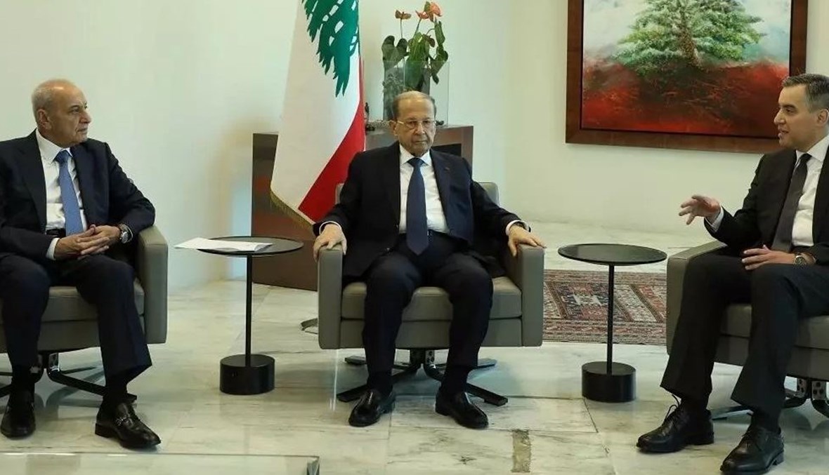 الرئيسان عون وبري والرئيس المكلف مصطفى أديب في قصر بعبدا.