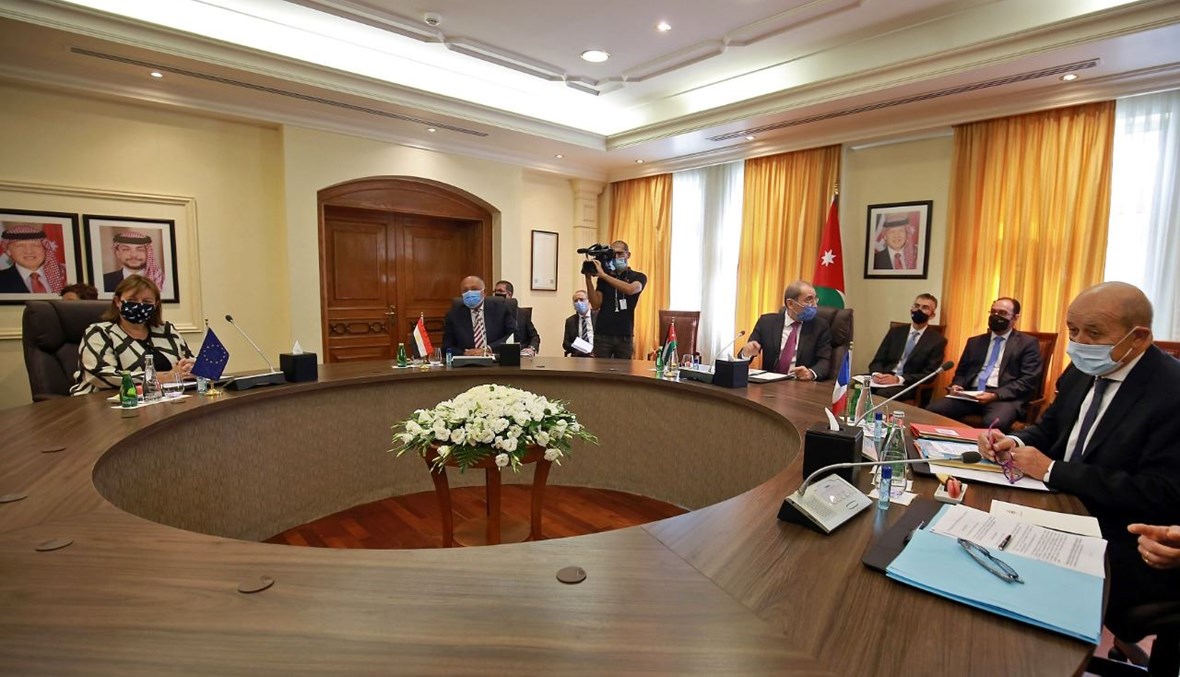 تيرستال (إلى اليسار)، شكري، الصفدي، لودريان خلال الاجتماع في عمان للبحث في عملية السلام الإسرائيلية- الفلسطينية (24 أيلول 2020، أ ف ب).