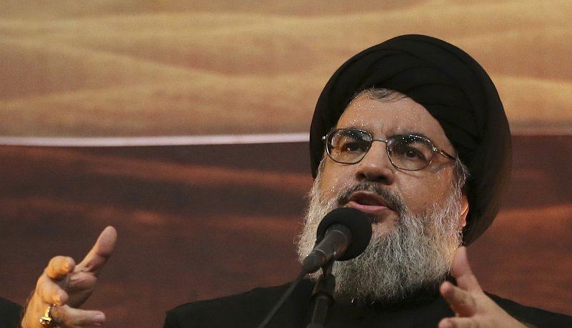 Hezbollah leader Hassan Nasrallah addresses supporters ahead of the Shiite Ashura commemorations, in the southern suburb of Beirut, Lebanon on  Nov. 3, 2014. (AP Photo)