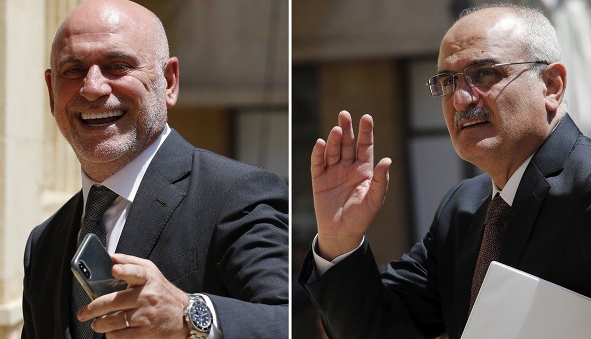 A combo picture shows Lebanese Public Works and Transportation Minister Youssef Fenianos entering parliament in Beirut, Lebanon, May 23, 2018, left, and Lebanese former Finance Minister Ali Hassan Khalil arriving at the parliament, in Beirut, Lebanon, July 16, 2019. (AP Photo)