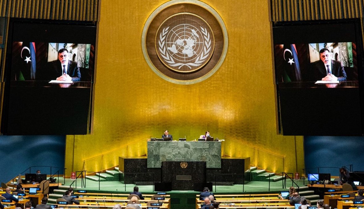 السراج متكلما، عبر الفيديو، أمام الجمعية العامة للأمم المتحدة في نيويورك (24 أيلول 2020، أ ف ب). 
