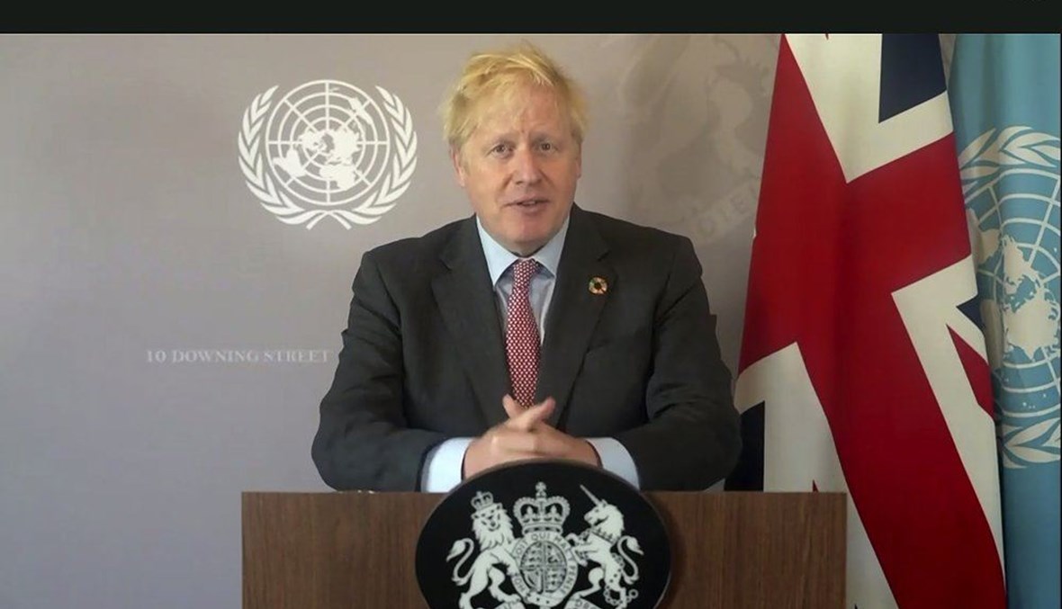 In this photo made from UNTV video, British Prime Minister Boris Johnson speaks in a pre-recorded message which was played during the 75th session of the United Nations General Assembly, Saturday, Sept. 26, 2020, at UN Headquarters. (AP Photo)
