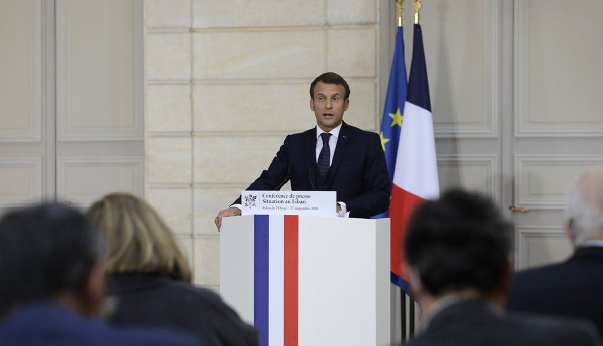 French President Emmanuel Macron speaks during a press conference on the situation in Lebanon, Sunday, Sept.27, 2020 in Paris. (AP Photo)