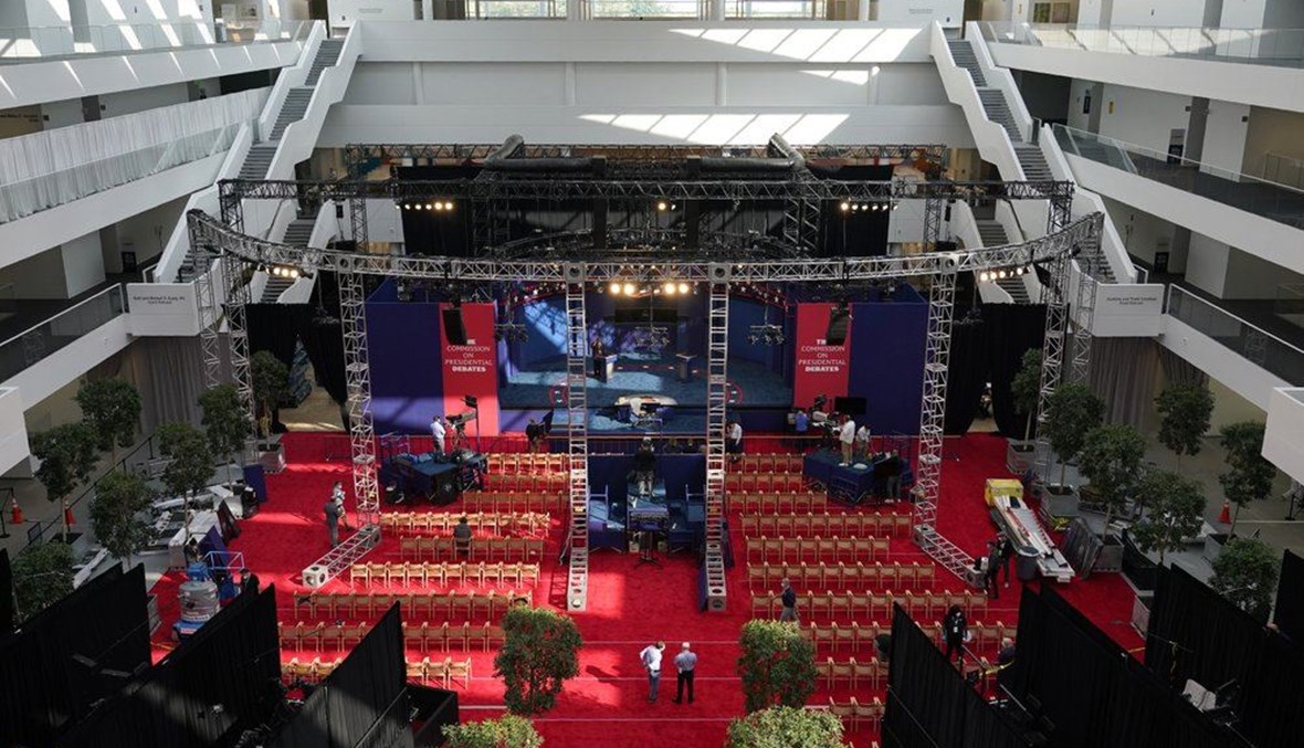 Preparations take place for the first Presidential debate in the Sheila and Eric Samson Pavilion, Monday, Sept. 28, 2020, in Cleveland. (AP Photo)