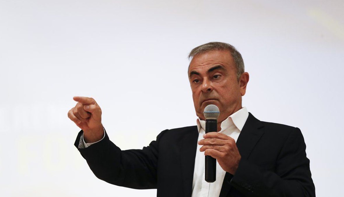 Nissan's former executive Carlos Ghosn speaks during a press conference at the Holy Spirit University of Kaslik (USEK), north of Beirut, Lebanon, Tuesday, Sept. 29, 2020. (AP Photo)