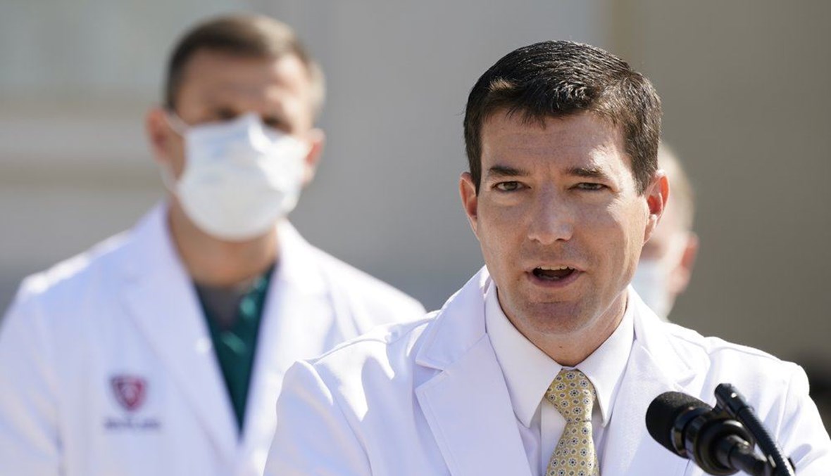 Dr. Sean Conley, physician to President Donald Trump, briefs reporters at Walter Reed National Military Medical Center in Bethesda, Md., Sunday, Oct. 4, 2020. (AP Photo)