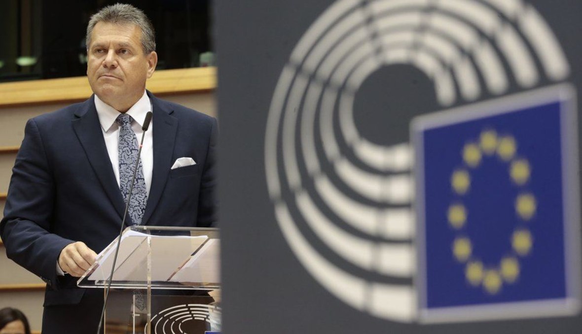 Vice-President of the European Commission in charge of Inter-institutional relations and Foresight Maros Sefcovic addresses lawmakers during a plenary session at the European Parliament in Brussels, Tuesday, Oct. 6, 2020. (AP Photo)