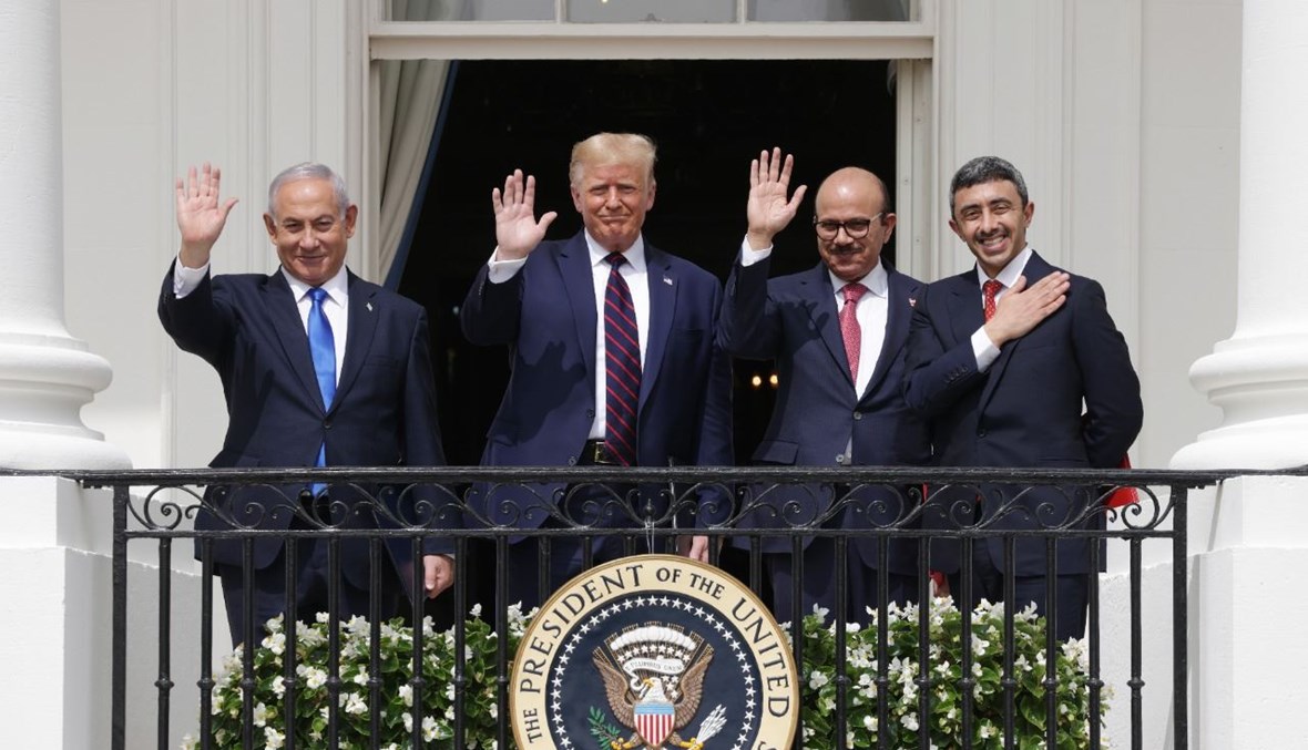 نتنياهو، ترامب، الزياني، وعبد الله بن زايد خلال احتفال اتفاقيات إبراهيم في البيت الأبيض (15 أيلول 2020، أ ف ب).  