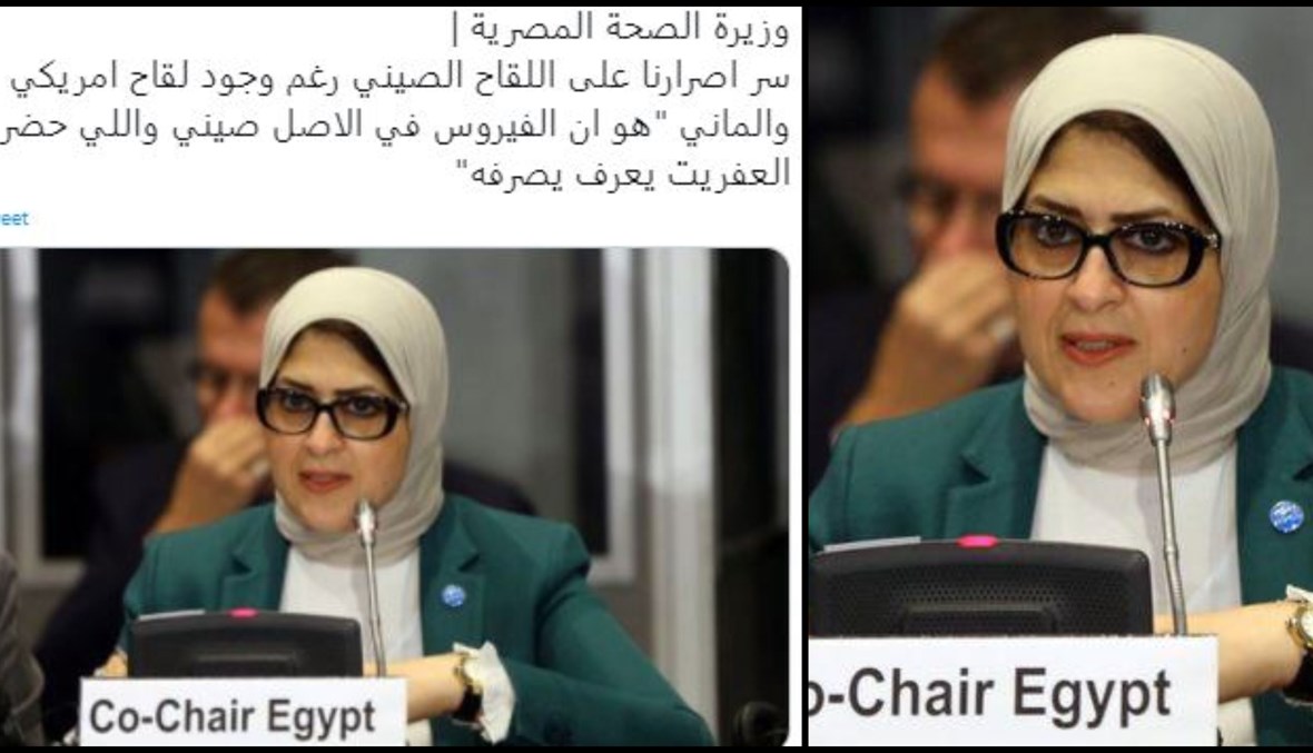 صورة وزيرة الصحة المصرية هالة زايد مع المنشور الخاطئ المتناقل (تويتر). 