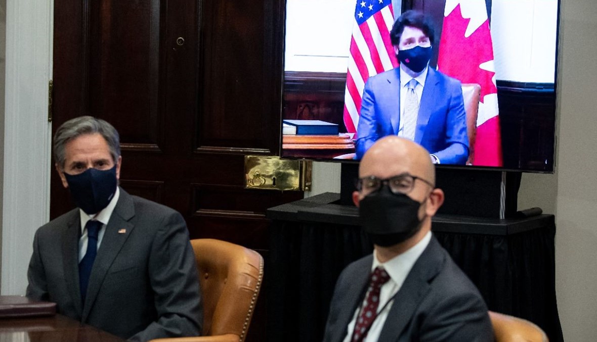بلينكن خلال لقاء افتراضي مع ترودو في البيت الأبيض في واشنطن (23 شباط 2021، أ ف ب).