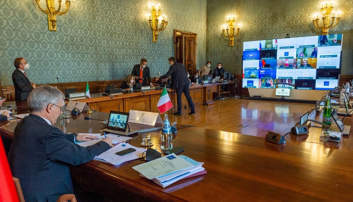 وزير الاقتصاد الإيطالي دانييلي فرانكو خلال اجتماع وزراء مال مجموعة العشرين عبر الفيديو، في روما (26 شباط 2021، أ ف ب). 