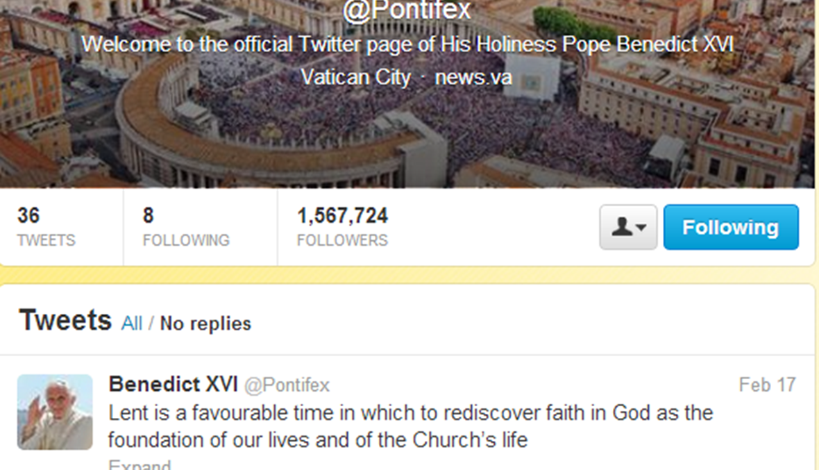حساب البابا عبر "تويتر" يقفل مع استقالته \r\n