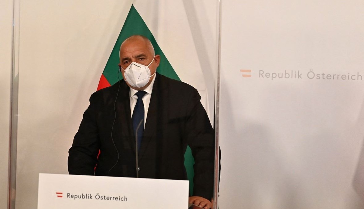رئيس الوزراء البلغاري بويكو بوريسوف خلال مؤتمر صحافي في مقر المستشارية في فيينا بالنمسا (16 آذار 2021، أ ف ب). 