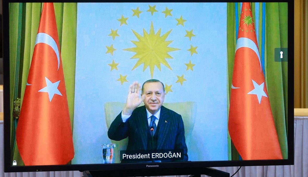 إردوغان خلال اللقاء عبر الفيديو مع ميشال وفون دير لايين، في بروكسيل (19 آذار 2021، أ ف ب).