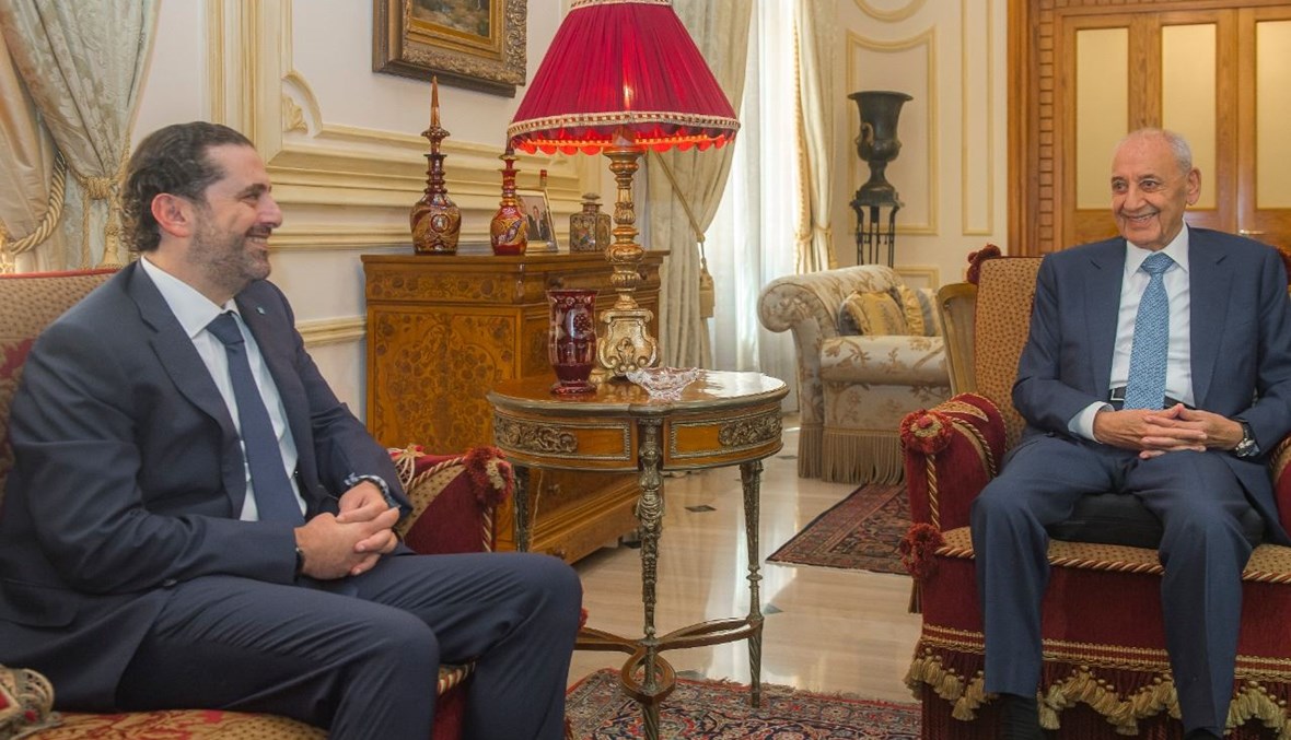 الرئيس نبيه بري يستقبل الرئيس المكلف سعد الحريري امس في مقر اقامة الرئاسة الثانية في عين التينة. (نبيل اسماعيل)