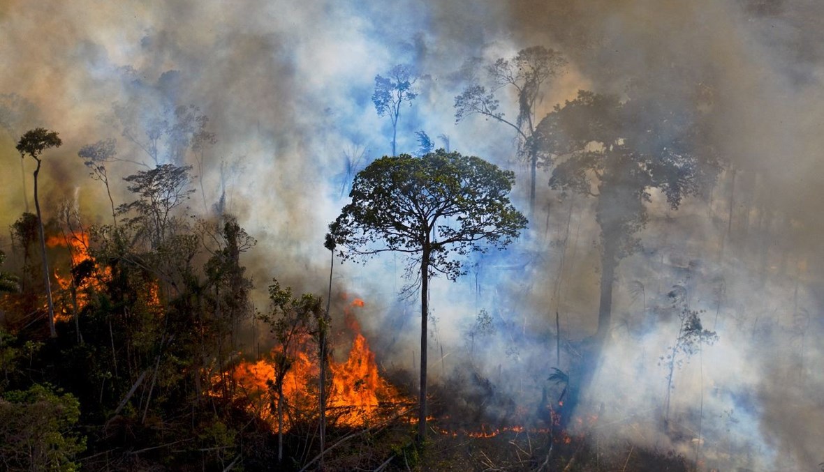 دخان يتصاعد من حريق أضرم بشكل غير قانوني في محمية غابات الأمازون جنوب نوفو بروغريسو في ولاية بارا بالبرازيل (15 آب 2020، أ ف ب). 