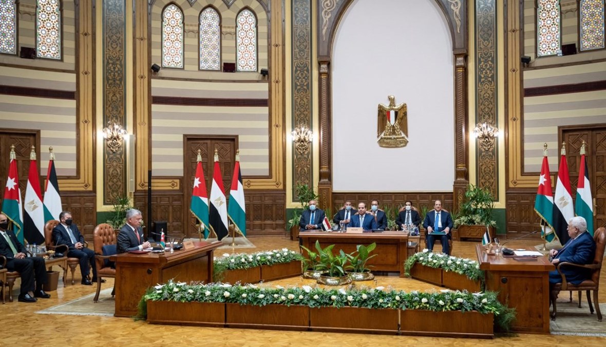 القمة الثلاثية منعقدة في قصر الاتحادية بالقاهرة (2 ايلول 2021، الديوان الملكي الهاشمي).