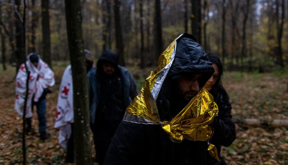مهاجرون سوريون يعبرون غابة قرب هاجنوكا في بولونيا خلال عملية إنقاذ مشتركة لناشطين (23 ت1 2021ـ أ ف ب). 