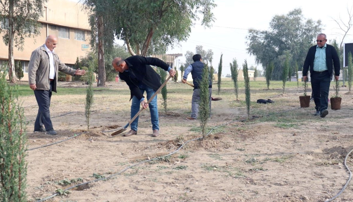 متطوعون عراقيون يزرعون الأشجار في حرم الجامعة التقنية بالموصل (25 ت2 2021، أ ف ب).