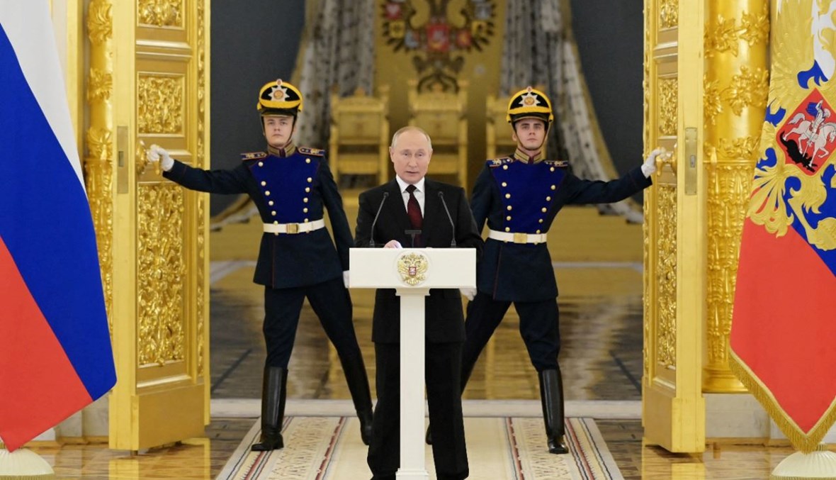 بوتين يلقي خطابًا خلال احتفال تلقي أوراق اعتماد سفراء أجانب في قاعة ألكسندر بالكرملين في موسكو (1 ك1 2021، أ ف ب). 