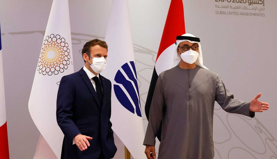 الرئيس الفرنسي إيمانويل ماكرون في معرض "إكسبو" الدولي في دبي (أ ف ب).